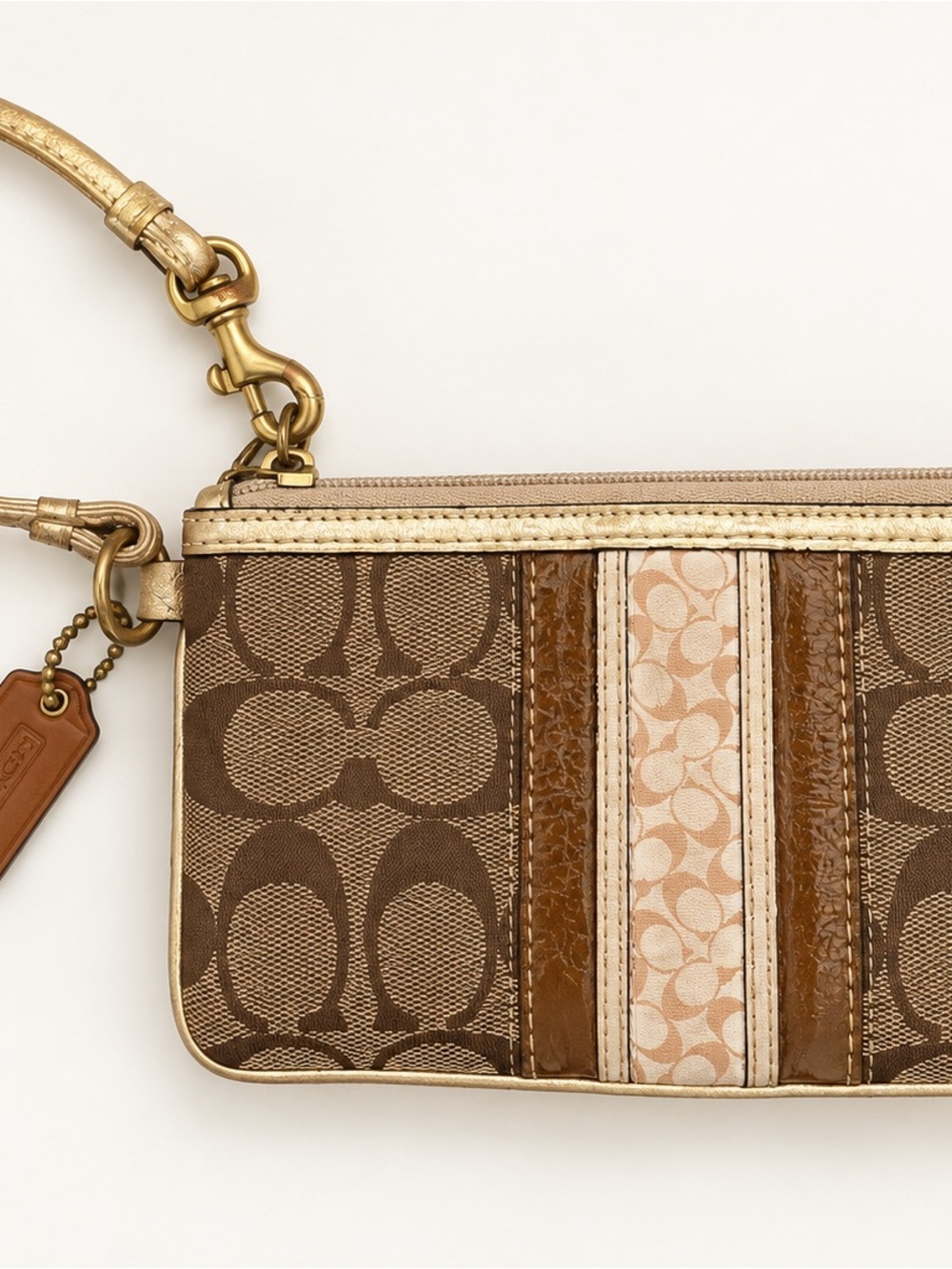 Coach Signature C Stripe Wristlet Brown Khaki Gold Trim